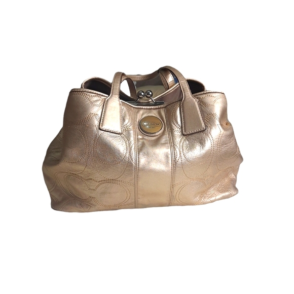 Coach Gold Metallic Leather Signature Stitched Satchel Shoulder Bag - Picture 1 of 8